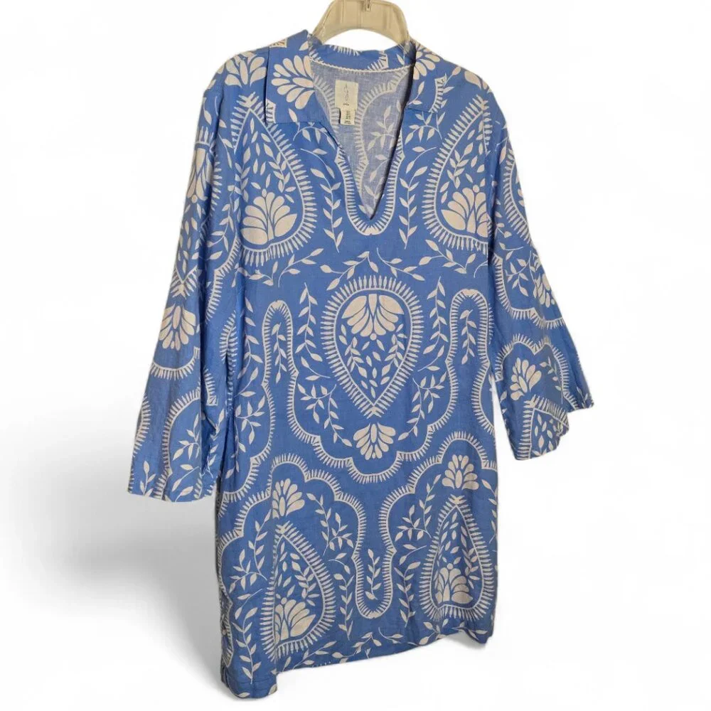 Joie Blue White Paisley Tunic Dress Size 8 Bell Sleeve Boho Resort Mini